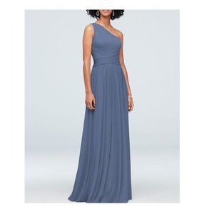 David's Bridal Steel Blue One Shoulder Mesh Bridesmaid Dress Size 12